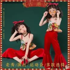 Crianças Retro estilo Hong Kong calças largas passarela traje estúdio meninas geração tema#儿