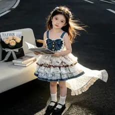 Vestido de verão Original estilo ocidental vestido Lolita bebê jeans renda costura estilingue vestido de gaze#原创夏装洋气洛丽塔连
