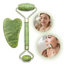 Rolo Pedra de Jade + Placa Gua Sha Massagem Facial Anti Ruga Rolinho Jade