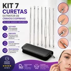 Kit 7 Curetas Extrator Removedor Cravos Espinhas Acne Aço Inoxidável Com Estojo Limpeza de Pele