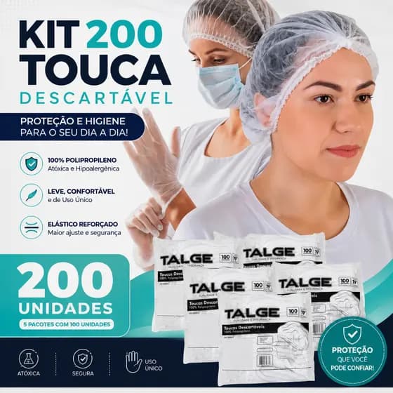 Kit 200 Touca Descartável Tnt Sanfonada Branca Com Elástico Talge Uso Profissional Atóxica Higiene Salão Cozin