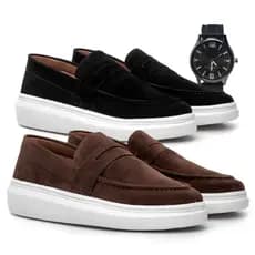 Kit 2 ParesMocassim Masculino Camurça Elegante Social Moda formal Masculina+ Relogio