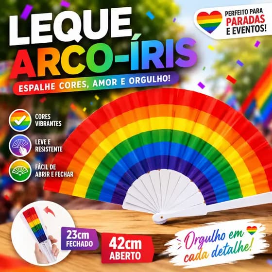 Leque de Mão Arco-Íris LGBTQIA + Carnaval + Festa 23cm fechado 42cm aberto