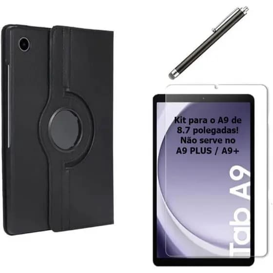 Kit Case Giratoria P\Tablet Galaxy Tab A9 e Película 9H + Caneta Touch 8.7 Polegadas