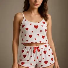 Conjunto Pijama Feminino Respirável e Macio Casual Desenhos de Corações Confortável
