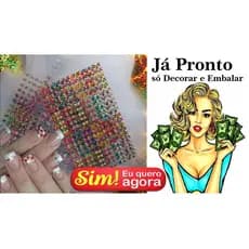 Cartelão com 200 Adesivos de Unha 3D com Pedrinhas, strass já Aplicadas igual a 20 cartelas com 10 desenhos com strass
