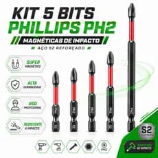 Kit 5 Bits Ponteiras Phillips PH2 Magnéticas de Impacto Aço Reforçado 50 a 150mm