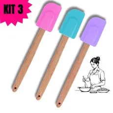 Kit 3 Espátulas Silicone Cozinha Utensilio Doméstico Cabo Madeira 27x5cm Rosa, Azul e Roxo