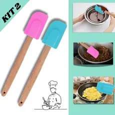 Kit 2 Espátula Silicone Cozinha Utensilio Doméstico Cabo Madeira 27x5cm Rosa e Azul