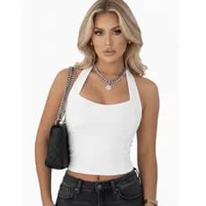 Blusa Feminina Top Halter Cropped Ajustado Decote Frente Unica Costa Nua Casual Moda Gringa Verão 2026