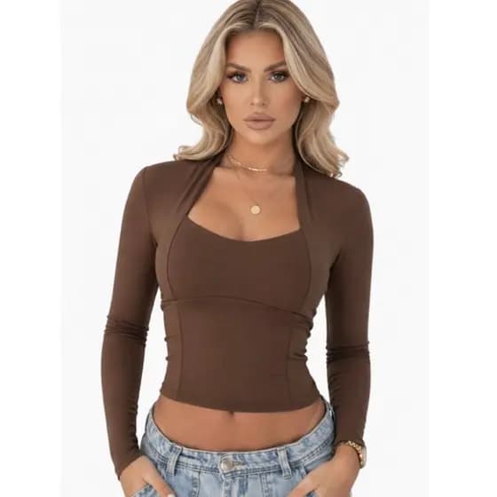 Blusa Feminina Manga Longa Cropped Halter Ajustada Decote Moda Blogueira Tendência Inverno Slim
