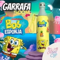 Garrafa Térmica Aço Inoxidável Bob Esponja Fresh Com Alça Portátil Estampada DTFUV 500ml