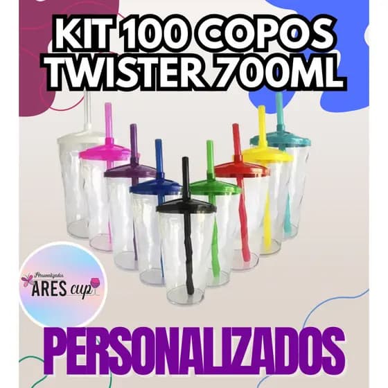 KIT 100 COPOS TWISTER 700ML CRISTAL COM TAMPA E CANUDO PERSONALIZADO E ADESIVADO FESTA PERSONAGEM NOME ADULTO E INFANTIL