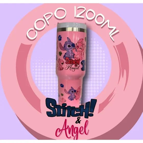Copo Isolado De Aço Inoxidável Com Canudo Stitch e Angel