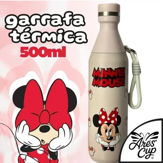 Garrafa Térmica Aço Inoxidável Minnie Mouse Fresh Com Alça Portátil Estampada DTFUV 500ml