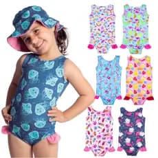 Conjunto Maiô Natação Infantil Biquíni Manga curta Proteção Solar Uv50 + Chapéu Com Proteção UV50