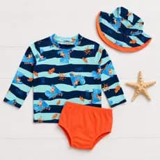 Kit Blusa com Proteção Solar UV50 + Tapa Fraldas + Chapéu Bebê e Infantil Moda Praia Meninos Diju