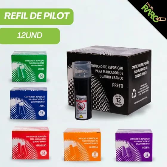 Caixa 12 Refil Cartucho Tinta Marcador Quadro Branco Compatível V-Board Master Pilot - 5,5ml - Não Mancha - Troca Limpa