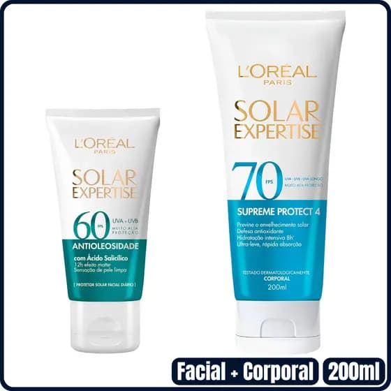 Kit Protetor Solar Facial Loreal Expertise Antioleosidade FPS60 25g + Corporal Supreme Protect 4 FPS70 200ml