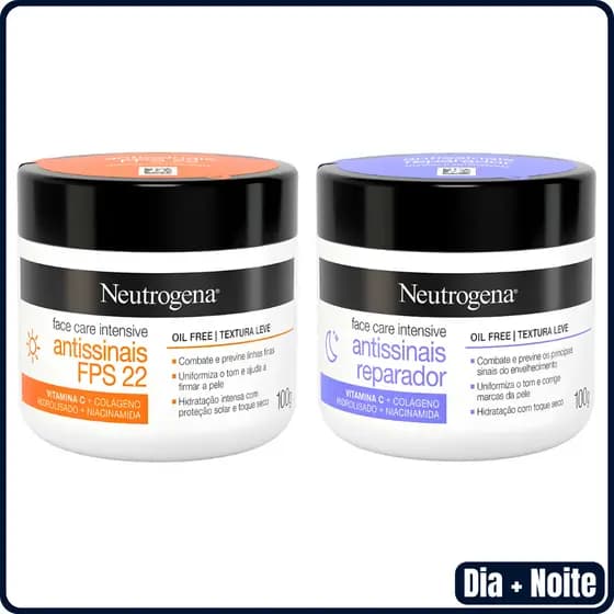 Kit Creme Facial Antissinais Neutrogena Face Care Intensive Dia FPS22 Niacinamida 100g + Neutrogena Noite Reparador 100g