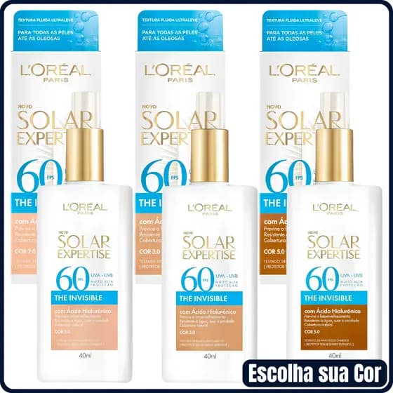 Protetor Solar Facial com Cor Loreal Paris Solar Expertise The Invisible 2.0, 3.0 ou 5.0 FPS60 40g