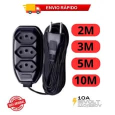Extensão Elétrica 2, 3, 5 ou 10 metros – Bivolt 110/220 10A tripolar resistente cor preta
