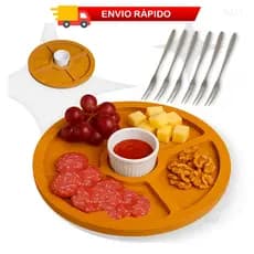 Kit Petisqueira Redonda + 6 Garfos Para Frios e Queijos Ramekin Molheira Gamela MDF Petiscos