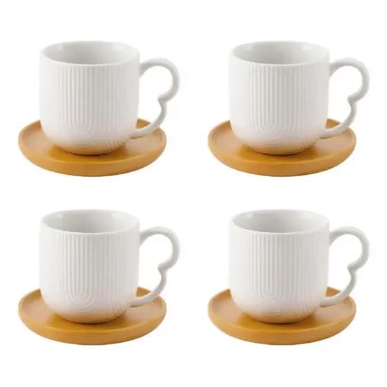 Jogo 4 Xícaras Porcelana Branco ou Preto De Café Chá Com Pires de Bambu Madeira Oásis 90ml