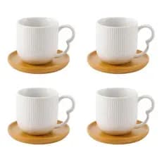 Jogo 4 Xícaras Porcelana Branco ou Preto De Café Chá Com Pires de Bambu Madeira Oásis 90ml