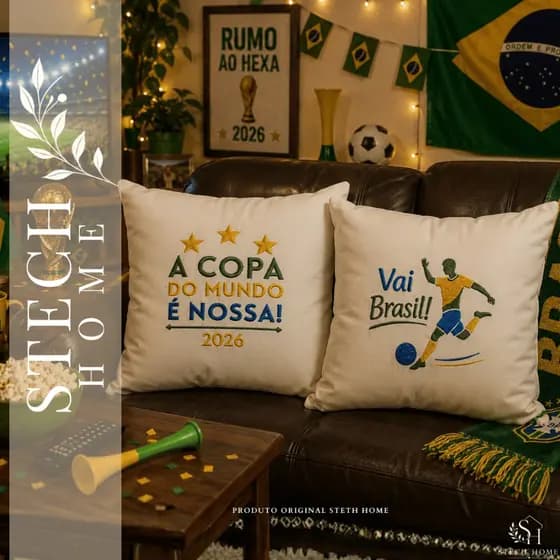KIT 2 ALMOFADAS DA COPA CHEIAS COMPLETAS BORDADAS PREMIUM DECORAÇÃO COPA DO MUNDO 2026