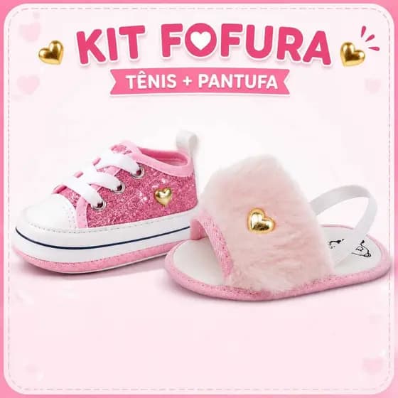 KIT Tênis Glitter + Chinelo Pelúcia Infantil Várias Cores Para Menina Sapatinhos Aniversário Macio