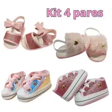 Kit 4 Pares Sapatinhos de bebes Menina Rosa Tenis Sandália Pantufa