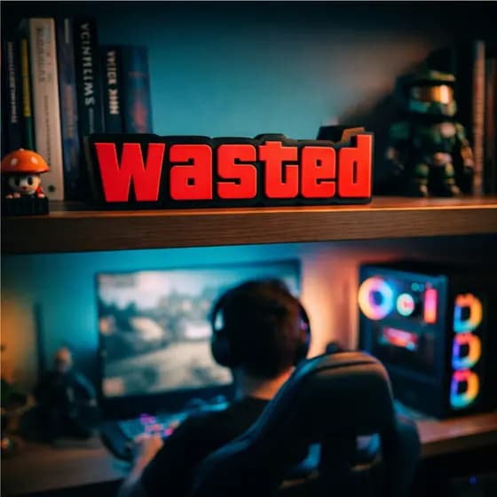 Placa Decorativa Wasted GTA 3D Grand Theft Auto V Gamer Decoração Quarto Setup Geek Presente Colecionável Envio Imediato