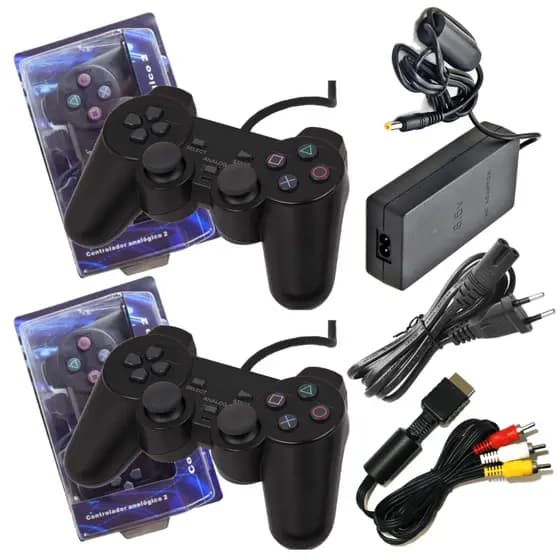 Kit Ps2 2 Controles + Fonte Bivolt + Cabo Força + Cabo Av Acessórios para Console Playstation2