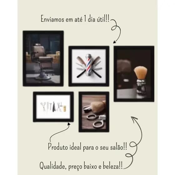 Quadros decorativos 5 peças - Barbearia Barbeiro Barber Cadeira - 046kq01 Visu = 221 perfeito pro se