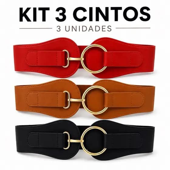 Kit Com 3 Cintos Feminino em Couro Elástico  Ajustável Elegante Confortavel Emagrecimento