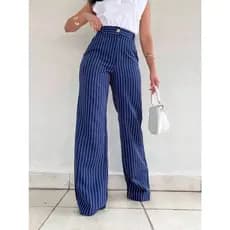 Calça Alfaiataria Pantalona Feminina Giz Cintura Listra Alta Com Bolso Wide Leg