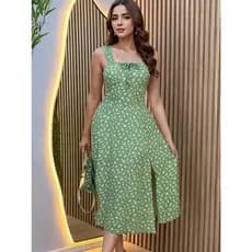 Vestido Midi Feminino Romântico Estampa Floral |  Fenda lateral Laço no Busto | Tendencia Moda.