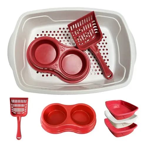 Kit Caixa Bandeja Para Areia Com Peneira + Pá E Comedouro P/ Gato