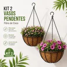 Kit 2 Vaso Pendente Fibra de Coco Suspenso com Correntes e Suporte Metálico para Plantas e Flores Decoração Jardim