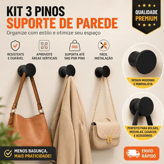 Kit 3 Pinos Cabideiro Suporte Parede Para Roupa Espelho e Bolsas Decorativo Até 5kg