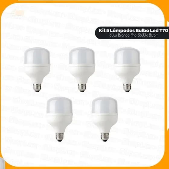 Kit 5 Lâmpadas Bulbo Led T70 20w Branco Frio 6500k Bivolt