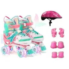 Patins Infantil Roller 4 Rodas Sereia Rosa/Verde Ajustável Leds Nas Rodinha COM OU SEM KIT