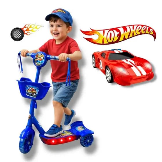 Patinete Infantil Hot Wheels Musical Cesta Luzes 3 Rodas