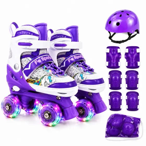 Patins Infantil Unicórnio Premiun Roxo 4 Rodas Ajustável luz de LED Com ou Sem Kit de Segurança