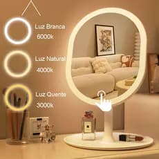 Espelho Com Led Para Maquiagem De Mesa Recarregável Inteligente Luz Portátil Dobrável Ajustável Oval