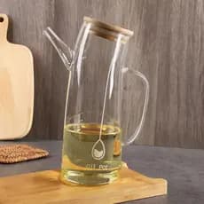 Galheteiro De Vidro Curvo 700ml Com Bico Para Azeite Vinagre Tampa De Bambu