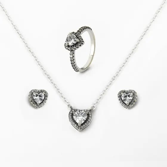 Conjunto Colar Brinco e Anel Com Zircônia Prata 925