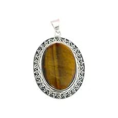 Pingente Oval Pedra Olho de Tigre Prata 925 5,2cm