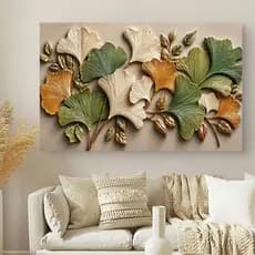 Quadro Decorativo Folhas Imagem 3D Luxo Dourado Verde e Off White Sala Quarto Elegante Premium